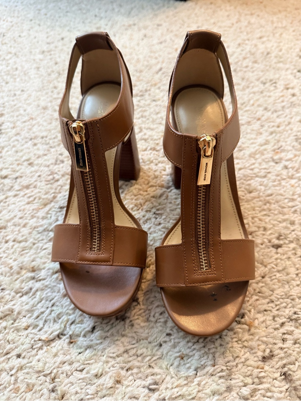Michael Kors Brown T-Strap Block Heel Sandals with Gold Zipper